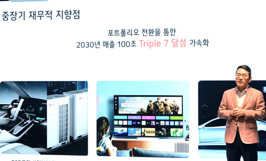 조주완 LG전자 사장이 지난 3월 여의도 LG트윈타워에서 열린 주주총회서 중장기 전략방향을 설명하고 있다. LG전자 제공